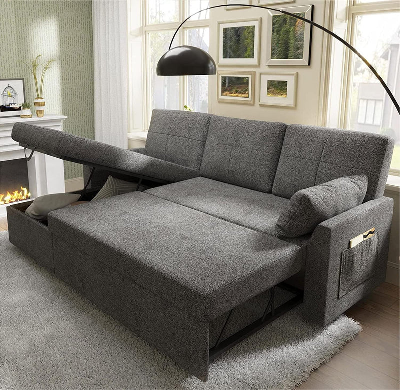AMERLIFE Sleeper Sofa, 2 in 1 Pull Out Couch Bed with 2 Cabinet Armrest, L Shape Oversized Sofa Bed with Storage Chaise, Grey Linen Couch