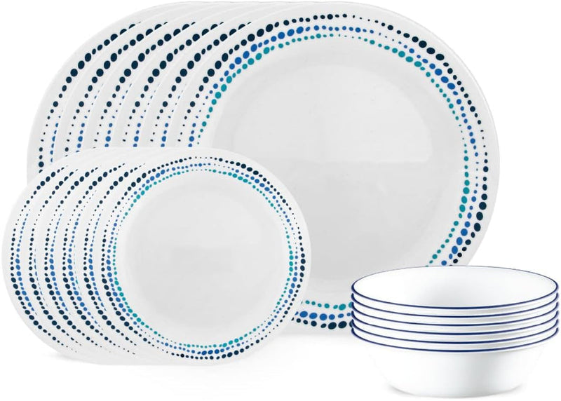 Corelle Vitrelle 18-Piece Service for 6 Dinnerware Set, Triple Layer Glass and Chip Resistant, Lightweight round Plates and Bowls Set, Winter Frost White