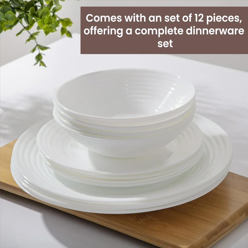 12 Piece White Opal Dinnerware Set, Opal Dinner Set, Kitchen Non-Toxic, Scratch & Chip Resistant, Microwave, Dishwasher Safe - 4Pc Dinner Plate, 4Pc Salad Plate, 4Pc Cereal Bowl