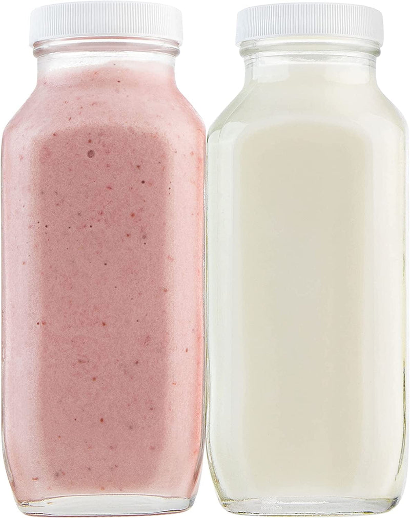 16Oz Square Glass Milk Bottle with Plastic Airtight Lids - Vintage Reusable Dairy Drinking Containers for Milk, Yogurt, Smoothies, Kefir, Kombucha, and Water- Pack of 2 Home & Garden > Decor > Decorative Jars kitchentoolz 4  