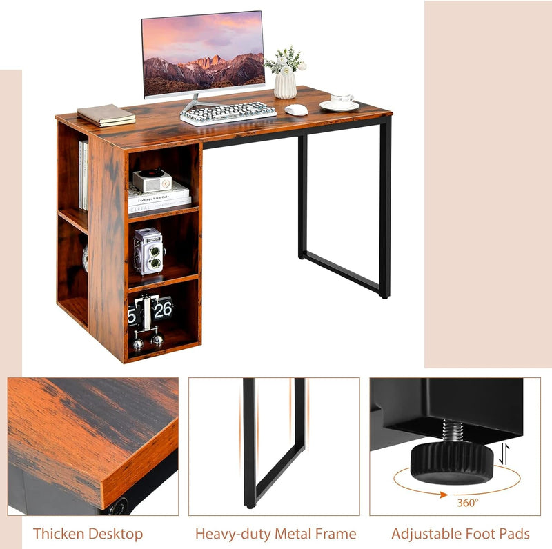 Computer Desk with Storage, Writing Desk with 5 Open Shelves & Metal Frame, Work Desk for Home Office, Study Desk for Bedroom, Small Desks for Small Spaces (Rustic Brown)