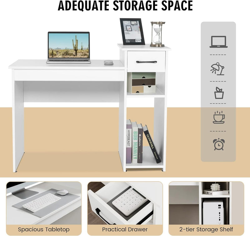 COSTWAY Computer Desk, 40 Inch Laptop PC Gaming Table with Drawer, Monitor Stand & Storage Shelf, Modern Simple Study Writing Table for Home & Office, Easy Assembly, White