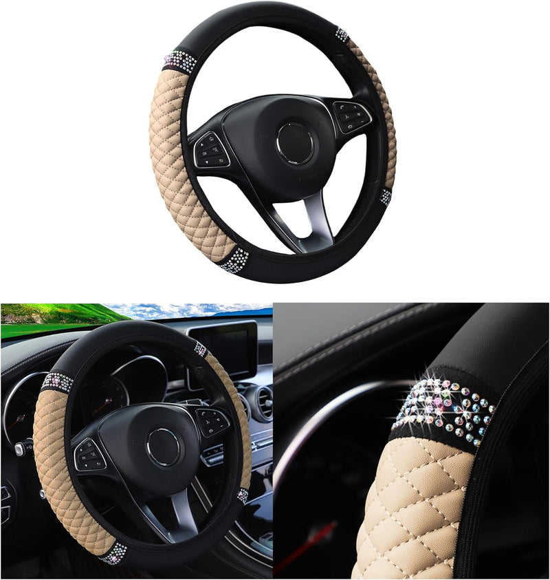 Bling Car Steering Wheel Cover, 15 Inch Rhinestones Soft Leather Elastic Steering Wheel Protector, Sparkly Crystal Diamond for Women Girls, Car Interior Accessories for Most Cars (Black)