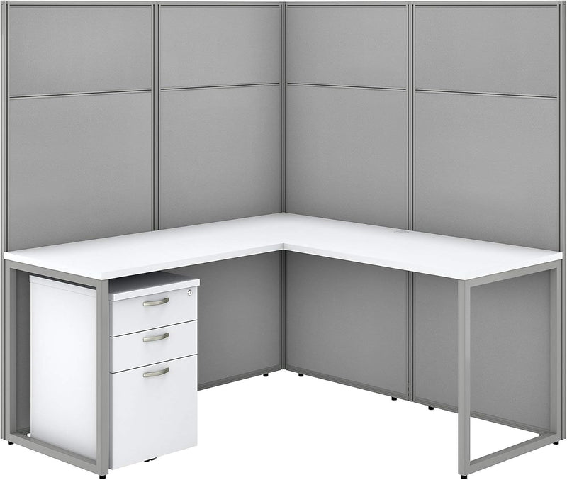 Bush Business Furniture Cubicle Desk with Filing Cabinet and Panels | Easy Office Collection L Shaped Computer Table with Drawers, 60W X 66H, Pure White