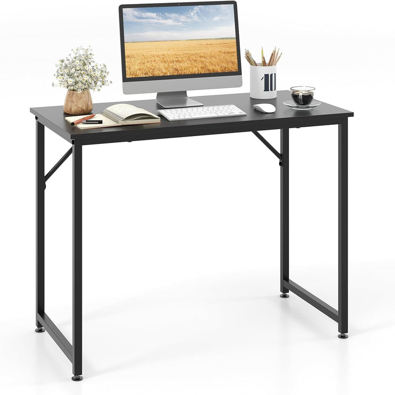 Computer Desk, 40’’ Office Desk with Metal Frame, Simple Study Writing Table with Adjustable Feet, Wood PC Gaming Desk, Small Desk for Bedroom, Home Office (Black)
