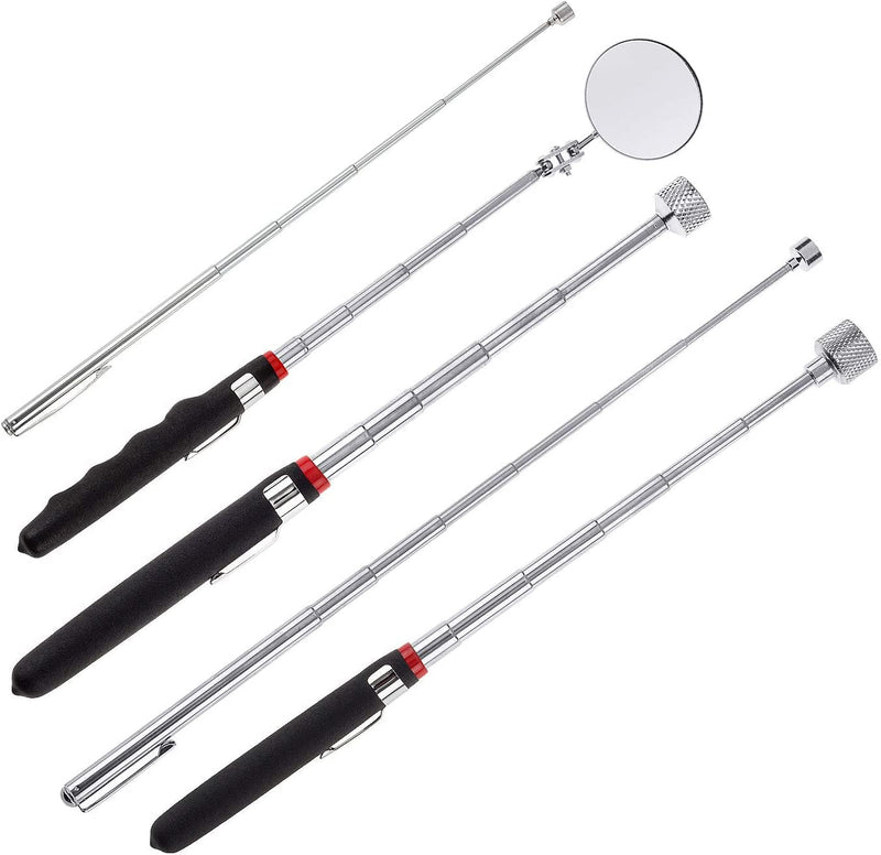 5 Pieces Magnetic Telescoping Pick-Up Tool Kit with 1 Lb/ 15 Lb Pick-Up Rod, Telescoping Handle 360 Swivel round Inspection Mirror for Extra Viewing Pickup Dead Angle