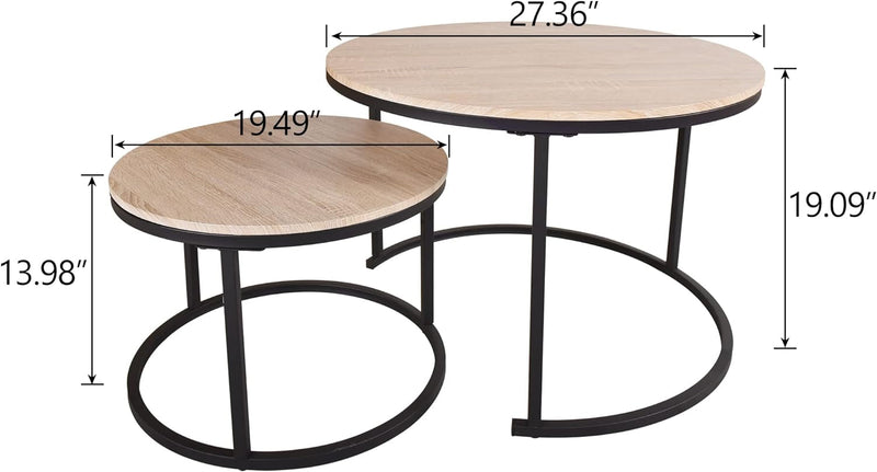 BOFENG Industrial round Coffee Tables/Stacking Side Tables End Tables Set of 2 with Sturdy Black Metal Frame for Living Room,Balcony,Office,Easy Assembly