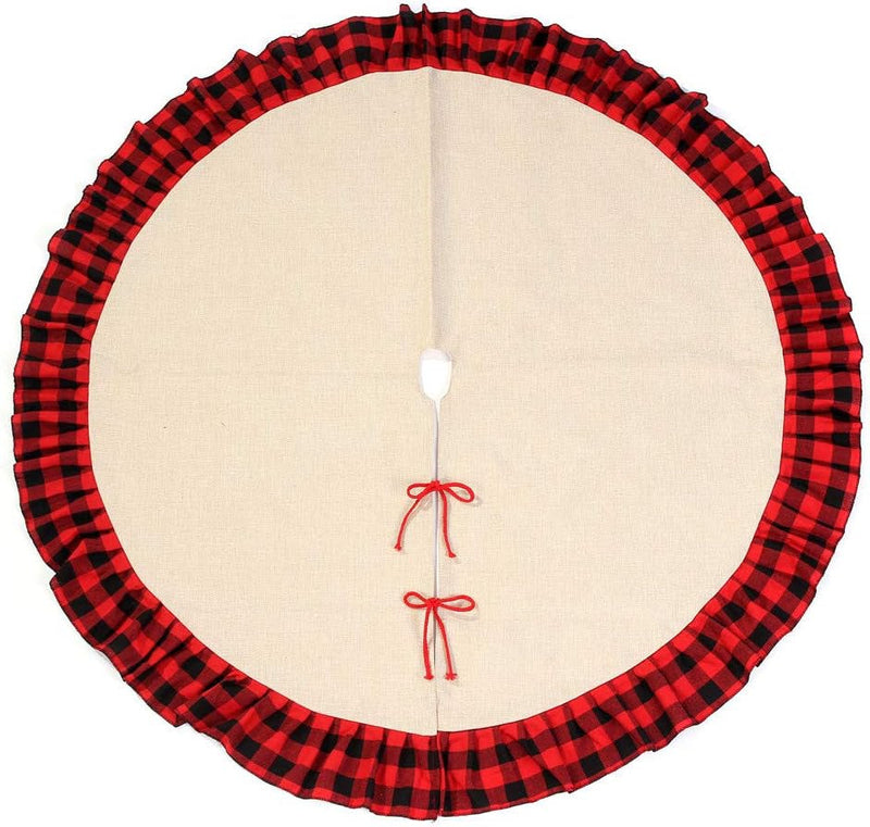 48Inch Christmas Tree Skirt Buffalo Plaid Ruffled Burlap Tree Skirt Rustic Xmas Holiday Decoration