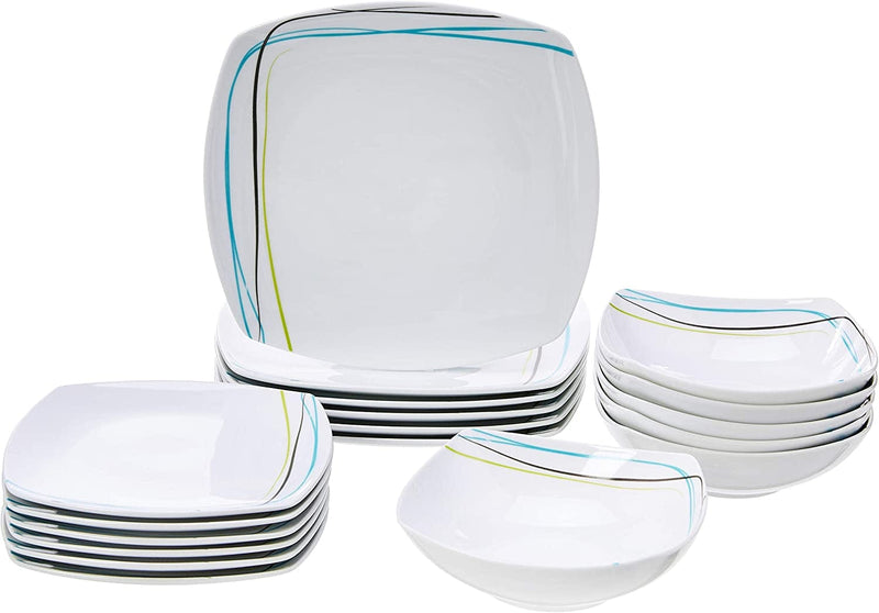 18-Piece Kitchen Dinnerware Set - Square Plates, Bowls, Service for 6 - Modern Beams Home & Garden > Kitchen & Dining > Tableware > Dinnerware KOL DEALS Gray Soft Lines  