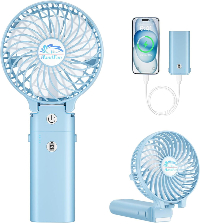 Handfan 2024 New 5200Mah Mini Handheld Fan, 5-20 Working Hours Personal Fans, 3 Speeds Strong Airflow USB Small Desk Fan with Portable Rechargeable Foldable Feature, Gifts for Women/Mom/Her/Girl-Blue