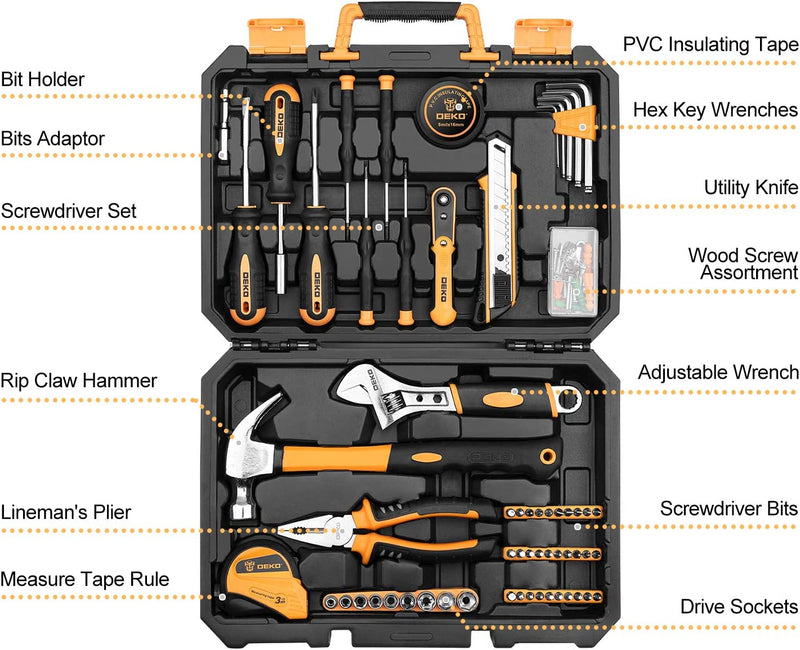 DEKOPRO 100 Piece Tool Set,General Household Hand Tool Kit,With Plastic Toolbox Storage Case for Handyman,Home Maintenance