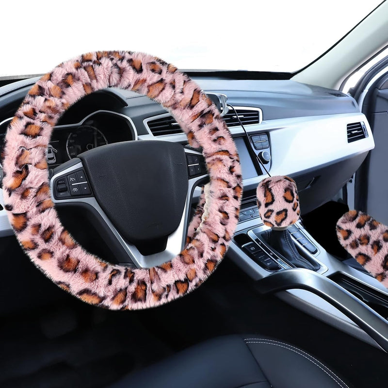 Fuzzy Steering Wheel Cover for Women Girls, Accmor Universal Fit Fur Car Wheel Cover & Handbrake Cover & Gear Shift Cover Set, Leopard Winter Warm Fluffy Vehicle Wheel Protector for Auto, SUV