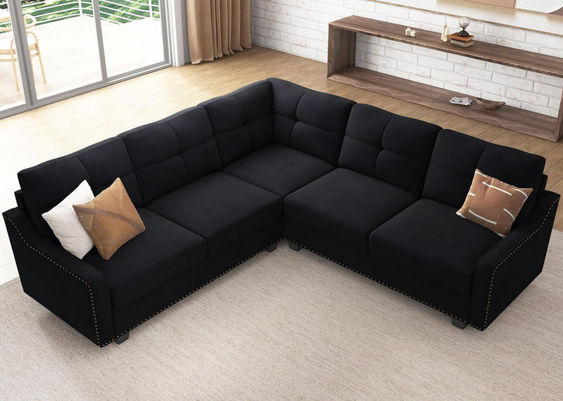 HONBAY Convertible Sectional Sofa L Shaped Couch for Small Apartment Reversible Sectional Couch for Living Room,Velvet Black