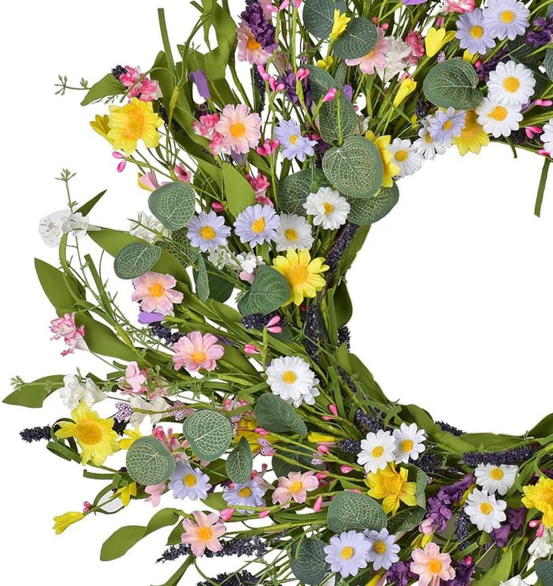 24Inch Artificial Daisy Flower Wreath -Spring Floral Wreath Fake Flower Wreath Spring/Summer Wreath for Front Door Home Decor