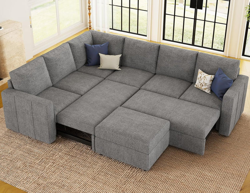 Belffin L Shaped Sectional Sleeper Sofa with Pull Out Bed Modular Corner Sleeper Sectional Couch with Storage Ottoman Convertible Sofa Grey