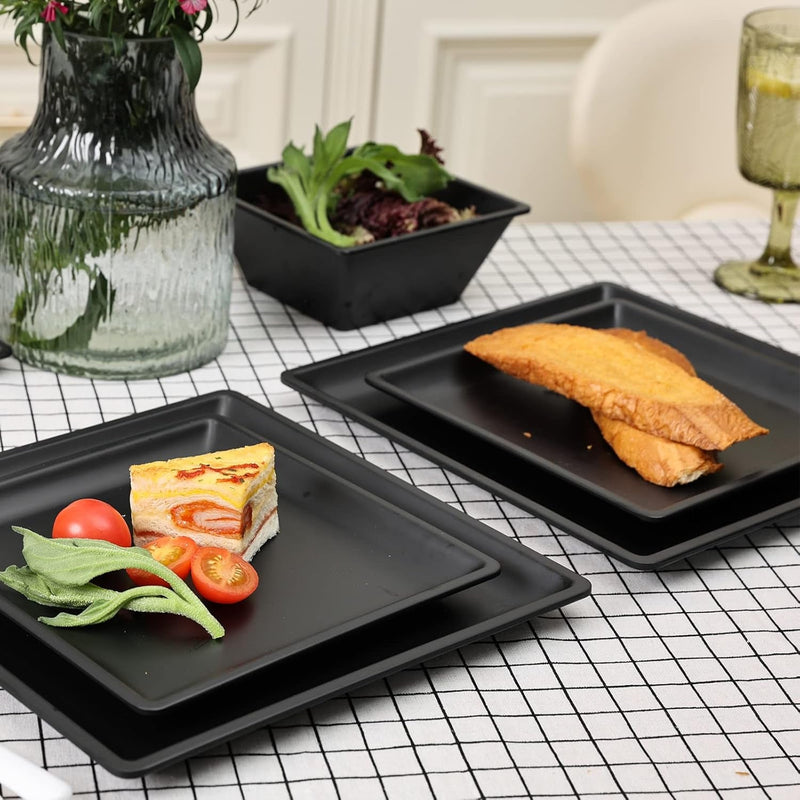 12 Piece Melamine Plates and Bowls Sets Square Dinner Set with Plates, Dishes, Bowls, Black Square Dinnerware Sets -Serving Platers for 4 Dishwasher Safe