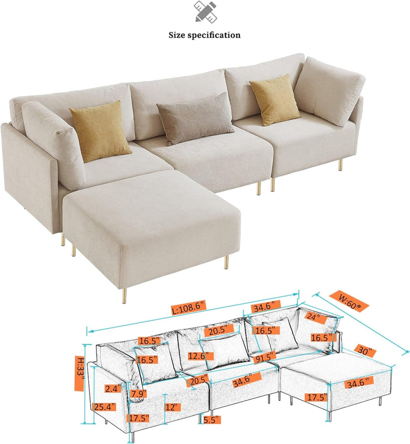 Familymill 108'' L Shaped Modular Sectional Couch Set - L Shape Modern Convertible Sofa Couch with Reversible Chaise, Ottoman and Pillows for Living Room (Beige)