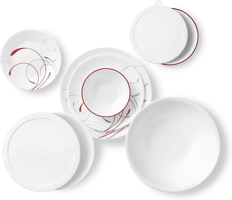 Corelle Vitrelle 78-Piece Service for 12 Dinnerware Set, Triple Layer Glass and Chip Resistant, Lightweight round Plates and Bowls Set, Splendor & Glass 28Oz Red Band Bowl 6Pk