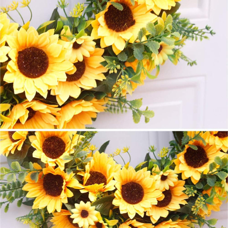 DAMEING Artificial Sunflower Summer Wreath, 15.7Inch Decorative Floral Wreath with Yellow Sunflower and Green Leaves Front Door Wreaths for All Seasons