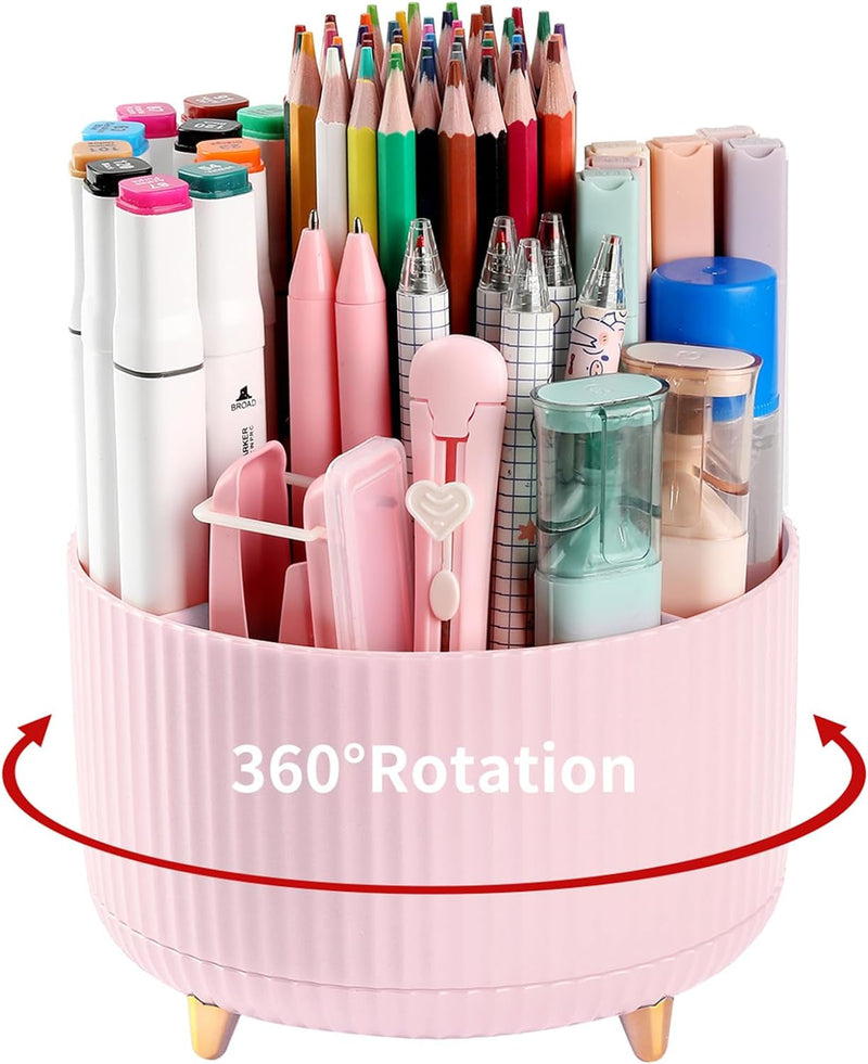 Desk Pencil Pen Holder, 5 Slots 360°Degree Rotating Pen Organizers for Desk, Desktop Storage Stationery Supplies Organizer, Cute Pencil Cup Pot for Office, School, Home, Art Supply, Dark Green