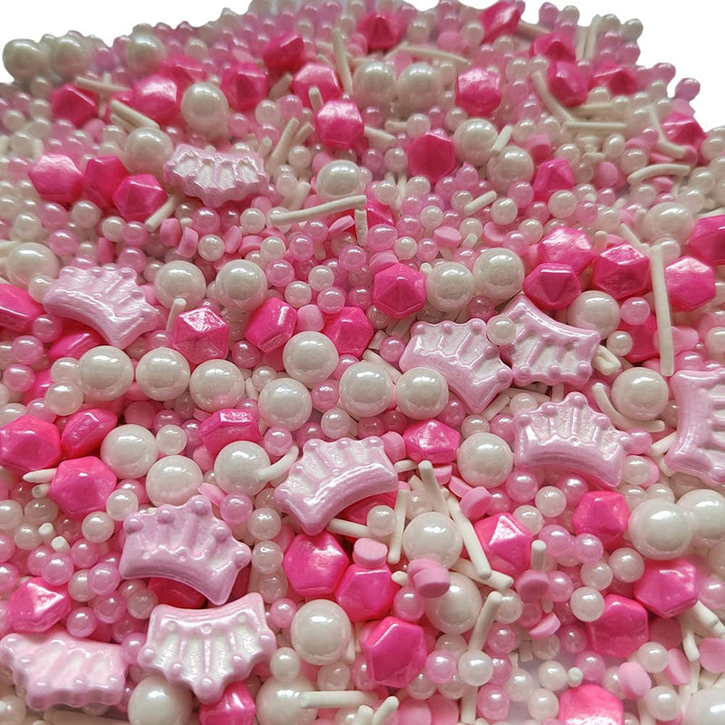 Edible Pink Crown Pearl Sugar Sprinkles Candy Mix Size Baking Edible Cake Decorations Cupcake Toppers Cookie Decorating Wedding Party Valentine Halloween Christmas Supplies 100G/3.53Oz