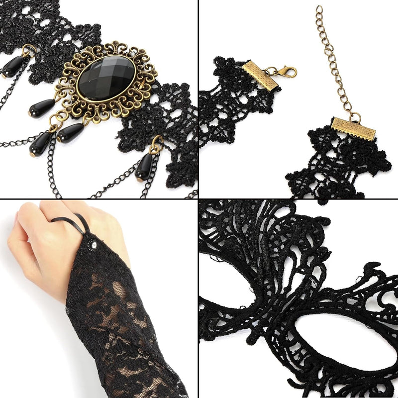 Fumwase 6 Pcs Eyemask Set Party Mask Set for Women Black Lace Eyemask Necklace Gloves Set Cosplay Halloween Accessories