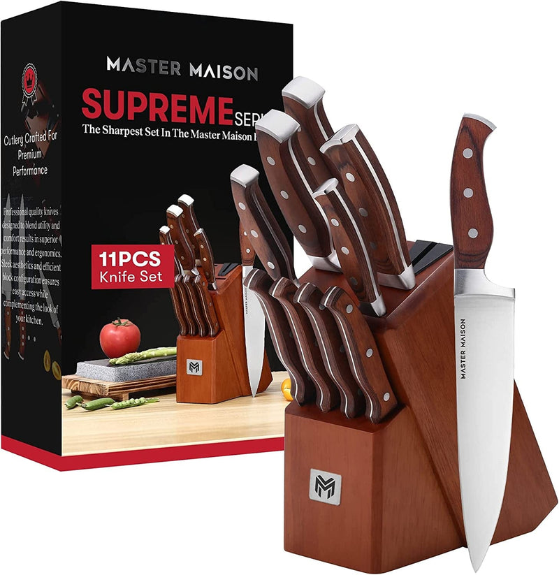 19-Piece Kitchen Knife Set with Wooden Knife Block - German Stainless Steel Knife Set for Kitchen with Block, Paring, Chefs, Santoku, Carving, Utility & 8 Steak Knives - Knife Sharpener & Shears Home & Garden > Kitchen & Dining > Kitchen Tools & Utensils > Kitchen Knives Master Maison Walnut 11-Piece 