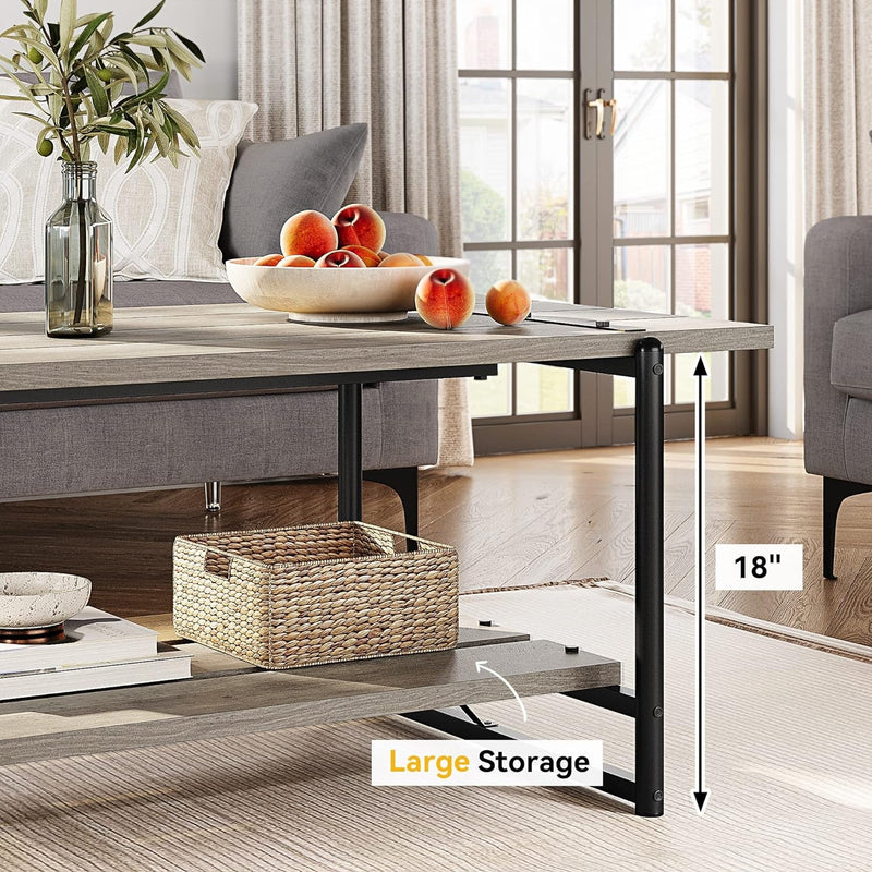 2-Tier Farmhouse 41'' Large Gray Wood Coffee Table with Storage Shelf -Modern Rustic Metal Rectangle Center Living Room Coffee Table Accent Furniture for Home Office,Easy Assembly