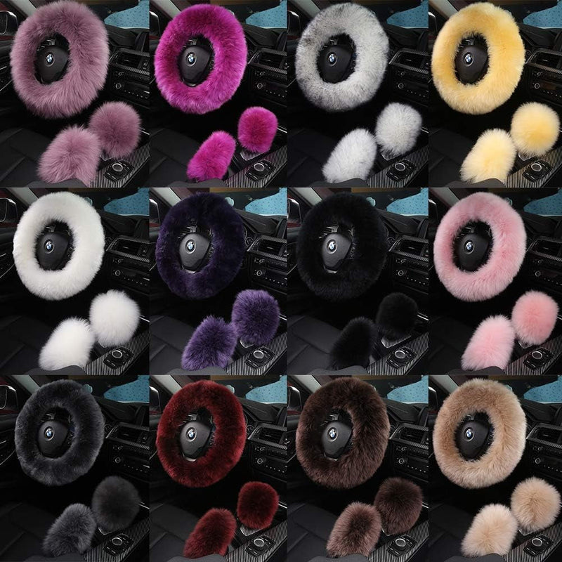 3Pcs Set Fashion Fluffy Fuzzy Wool Fur Soft Car Steering Wheel Cover with Handbrake Cover & Gear Shift Cover for Women/Girls/Ladies Auto Long Wool Accessories