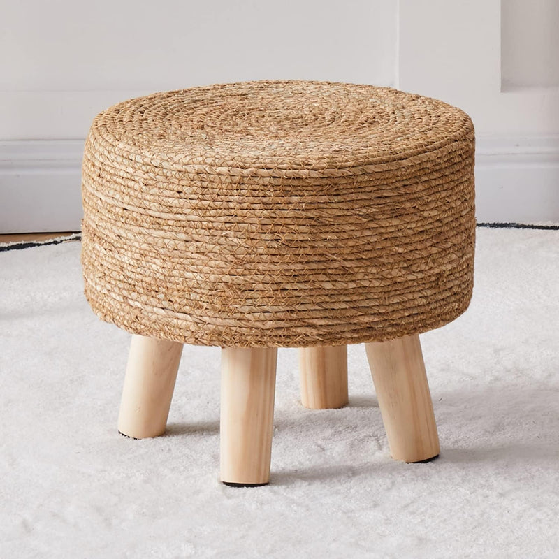 Cpintltr Foot Stool Natural Seagrass Hand Weave Poufs round Ottoman for Couch Desk Soft Step Stool Padded Foot Rest with Non-Skid Pine Legs for Hallway Office Lounge Natural