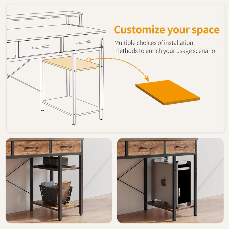 Cubicubi 47 Inch Computer Desk with 3 Drawers and Storage Shelves, Small Home Office Desk with Monitor Stand, Study Writing Table for Bedroom, Rustic Brown