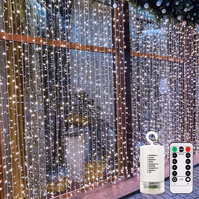 Echosari 300 LED Curtain Lights Battery Operated, 9.8Ft×9.8Ft Hanging Lights with Remote Timer Fairy Curtain Lights for Bedroom Patio Wedding Backdrop Party Decór (Warm White)