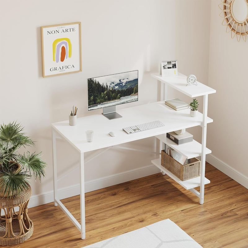 Cubicubi Small Computer Desk with Shelves, 40 Inch Reversible Home Office Desk with 3 Tier Storage Bookshelf, Study Writing Office Table, Pure White