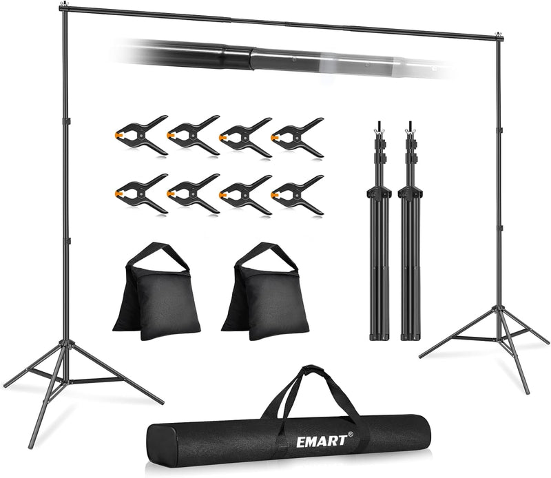 EMART Backdrop Stand 10X7.8Ft(Wxh) Photo Studio Adjustable Background Stand Support Kit with 2 Crossbars, 6 Backdrop Clamps,2 Sandbags and Carrying Bag for Parties Events Decoration