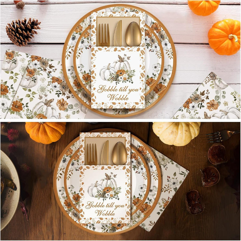 264 Pcs Thanksgiving Plates Napkins Disposable Cutlery Holder Set Thanksgiving Centerpieces for Table Decoration Dinner Autumn Leaves Fall Harvest Wedding Decoration