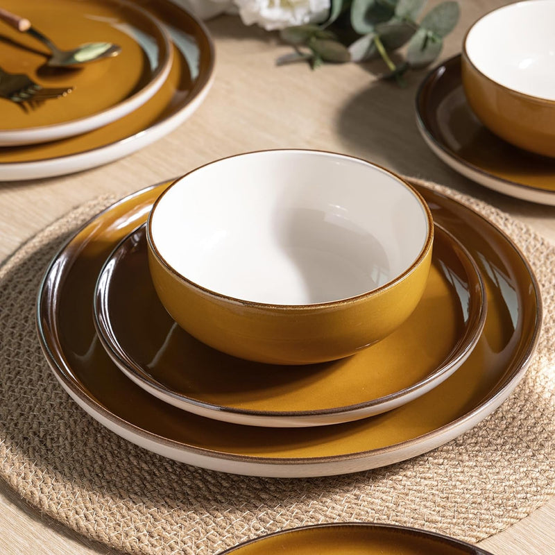 Ceramic Dinnerware Sets, 12 Pieces Amber Yellow Stoneware Dinnerware Set, Plates and Bowls Sets, Dishwasher & Microwave Safe | Service for 4