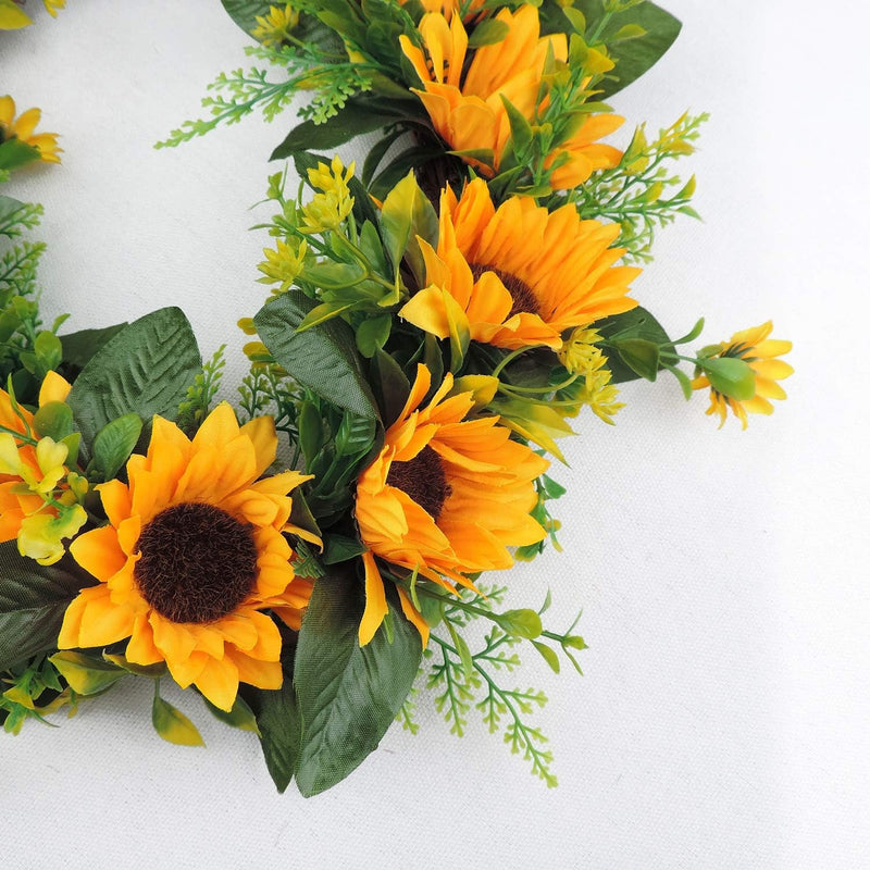 Dolicer Artificial Sunflower Wreath Silk Sunflower Wreath Flower Wreath with Yellow Sunflower and Green Leaves Sunflowers Flowers Greenery Wreath for Wedding Party Indoor Outdoor Home Decor, 13.8"