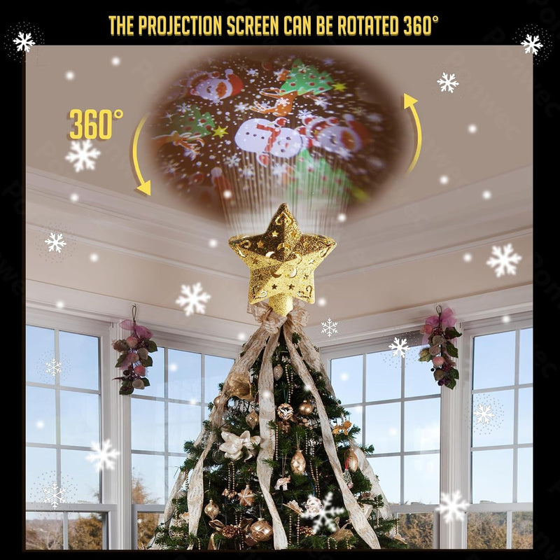 Christmas Tree Star Topper Projector - Ponwec Gold Tree Topper with LED 3D 360°Rotating Lights,6 Projection Pattern Glitter Star Projector Adjustable Xmas Tree Topper for Christmas Tree Decorations