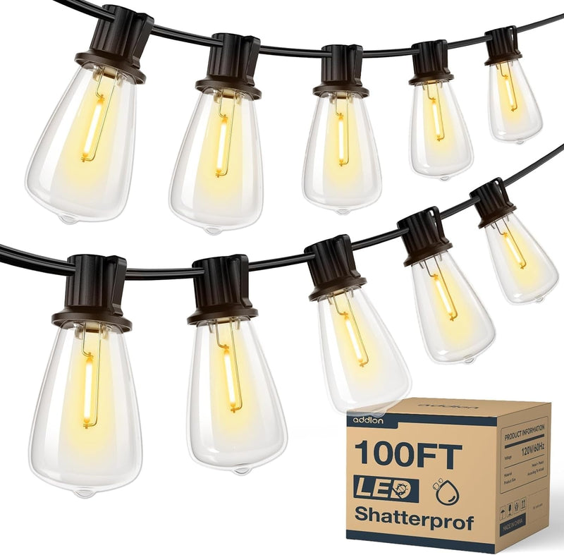 Addlon 100FT(50FT*2) LED Outdoor String Lights Waterproof Patio Lights with 32 Shatterproof ST38 Replaceable Bulbs(2 Spare), Dimmable outside Hanging Lights Connectable for Porch, Backyard, 2200K