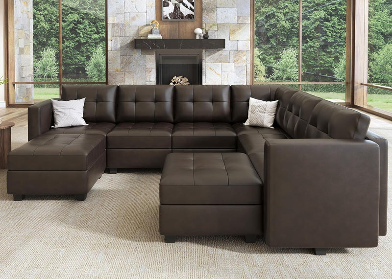 HONBAY Modular Sectional Couch with Storage Oversized U Shaped Couch with Ottomans and Chaises Faux Leather 8-Seater Sectional Sofa for Living Room, Brown