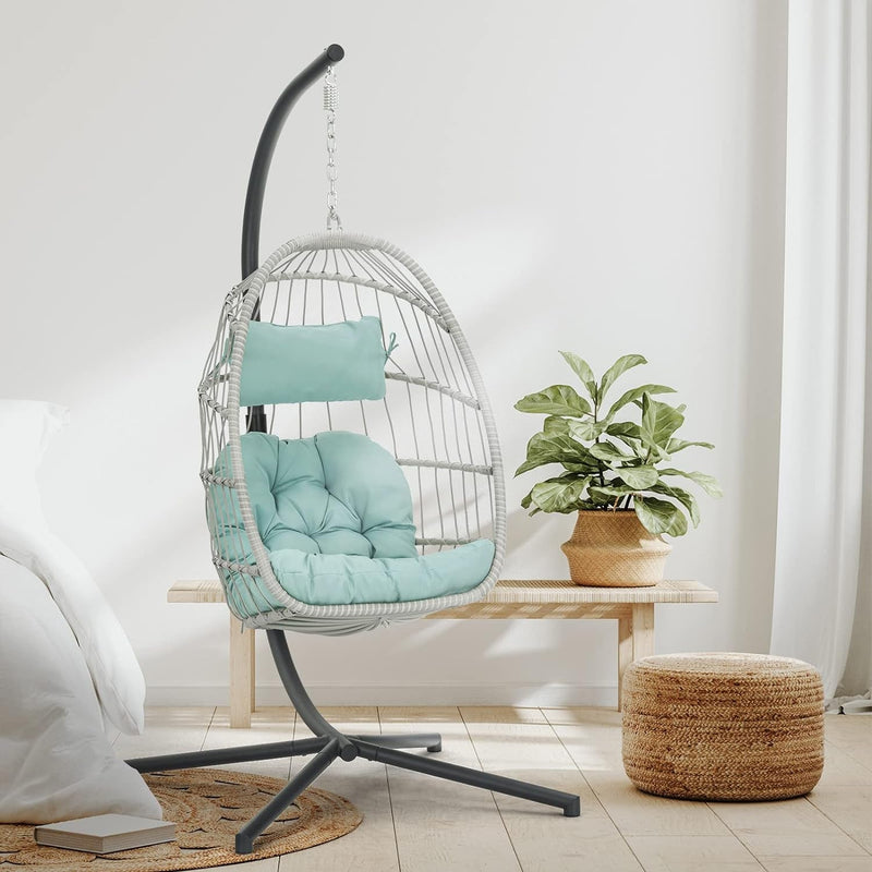 Egg Chair with Stand - Hanging Swing Egg Chair Rattan Wicker Patio Hammock Chair for Indoor Outdoor Bedroom - Rusty Resistant Aluminum Frame and UV Resistant Cushion 350LBS Capacity (Teal Blue)