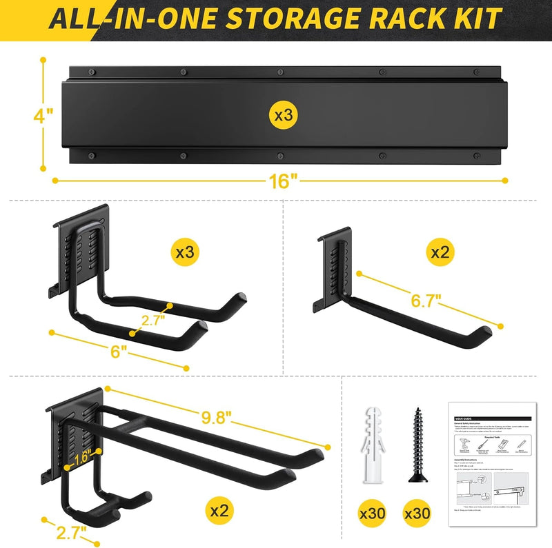 Garage Storage, Garage Organization, Wall Mount Garden Tool Organizer 48 Inches, Max 440Lbs Adjustable Metal Hooks, Yard Shed Rack, Tool Holder for Hanging Rake Broom Mop Snowboard, Home Gift