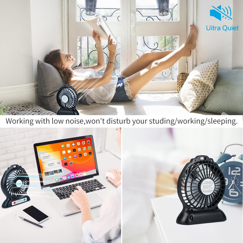 GGH Portable Fan Rechargeable,Personal Desk Fan,Small Battery Operated USB Fan with Flashlight,3 Speeds Wind Quiet Mini Desktop Fan for Travel,Camping,Bedroom,Office