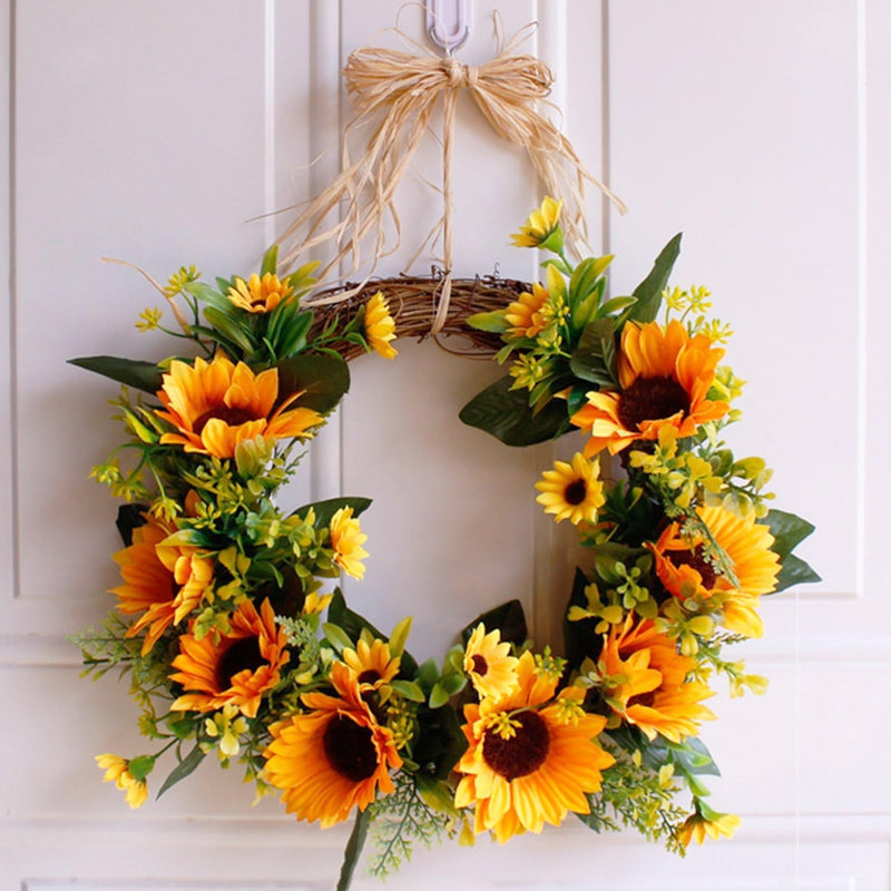 Dolicer Artificial Sunflower Wreath Silk Sunflower Wreath Flower Wreath with Yellow Sunflower and Green Leaves Sunflowers Flowers Greenery Wreath for Wedding Party Indoor Outdoor Home Decor, 13.8"