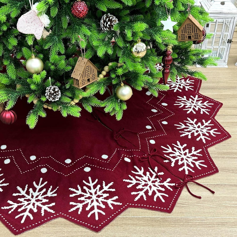 60-Inch Wavy Edged Reversible Knit Christmas Tree Skirt: Burgundy & White Snowflake Pattern with Lace Ties