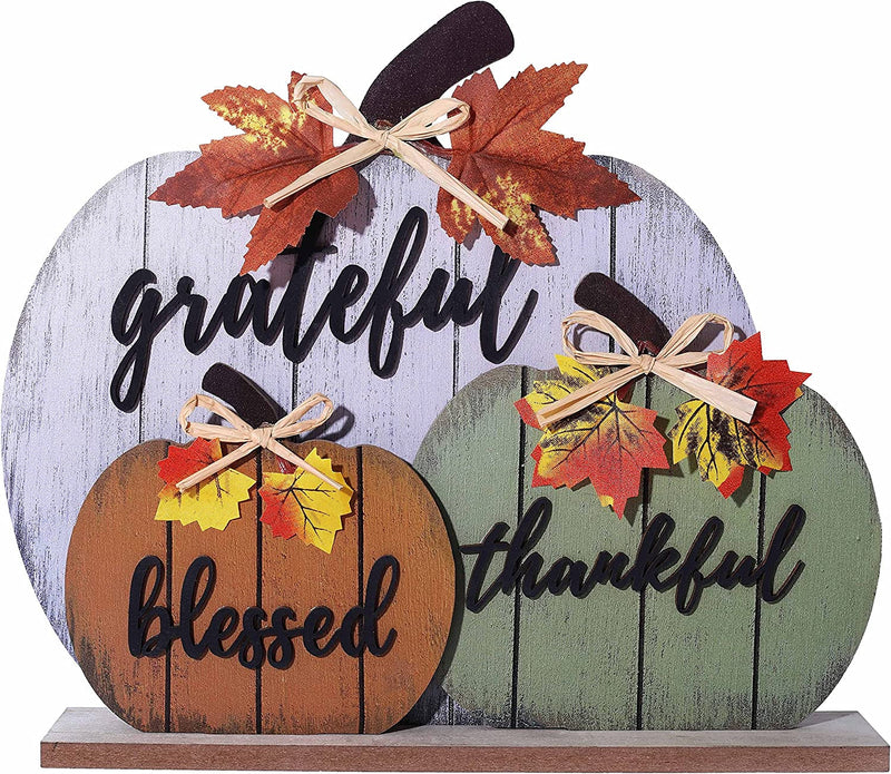 CYNOSA Fall Decorations for Home Blessed Grateful Thankful Fall Decor Wooden Pumpkin Tabletop Signs for Home Thanksgiving Farmhouse Living Room Harvest