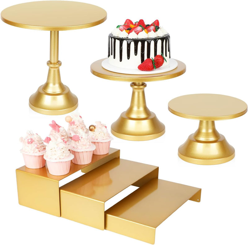 6PCS Cake Stand Set, Gold Metal Cake Stands for Party, Dessert Table Display Set, 3 Size round Cake Pedestal Stand with Cupcake Risers Stands, Dessert Cake Holders for Weddings, Birthday, Baby Shower