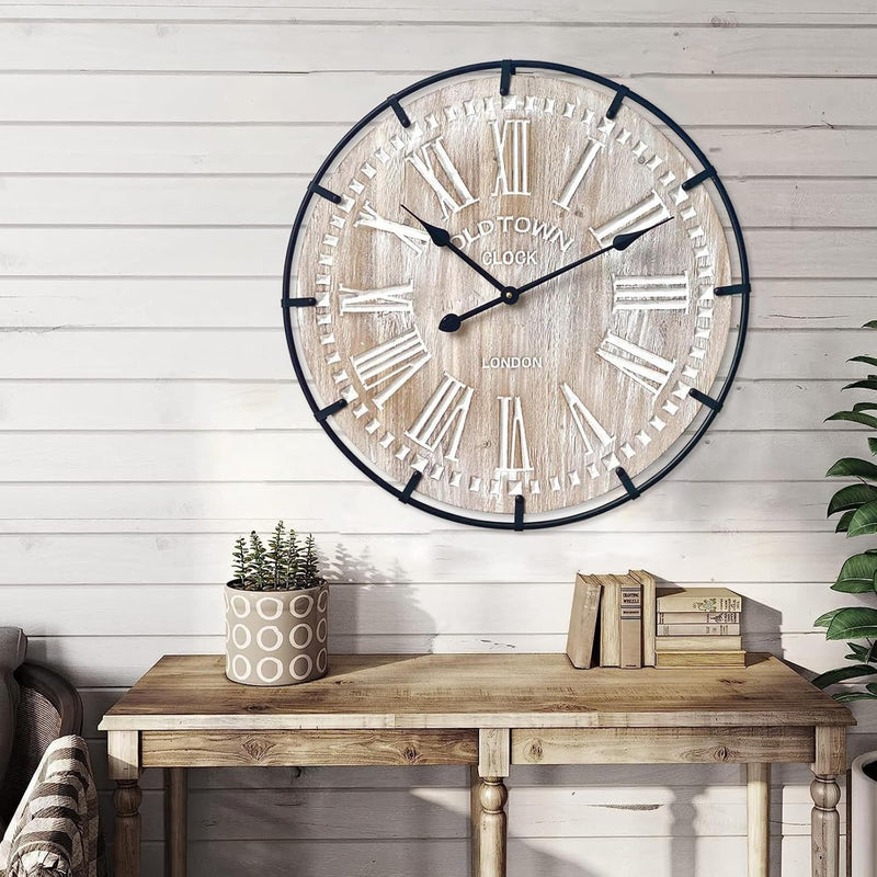 24 Inch Large Farmhouse Wall Clock, Rustic Antique Wood with Metal Circle and Large Engraved Numerals, Silent Battery Operated Wall Clock for Office Kitchen Bedroom Living Room