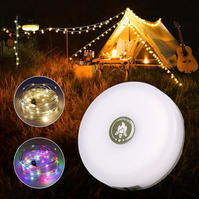 Camping String Lights, Outdoor String Lights with 8 Lighting Modes(32.8Ft), 2 in 1 Rechargeable Waterproof Portable Stowable USB Camping Lights for Camping, Yard, Party Decor