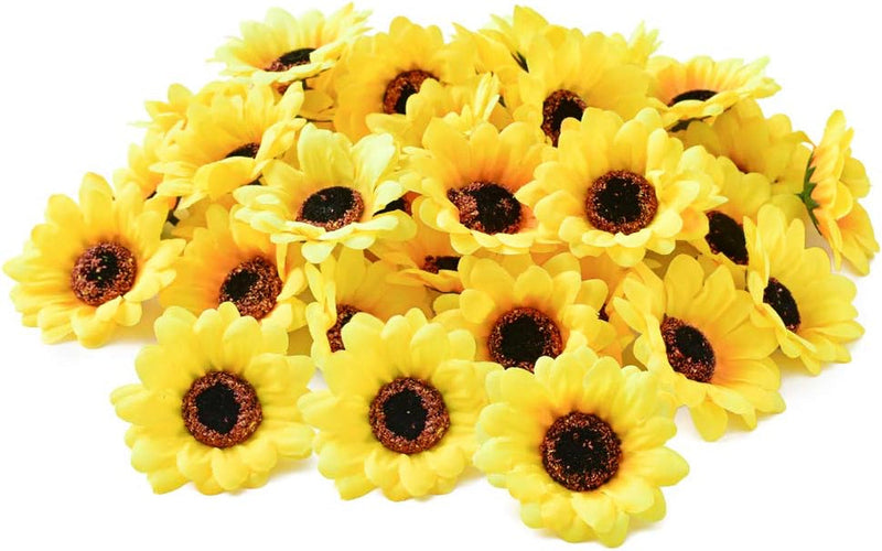 50PCS Artificial Silk Yellow Sunflower Heads, 2.8" Fabric Floral Supplies for Wedding Engagement Home Party Decor Hair Clip Wreath Decorative DIY Craft